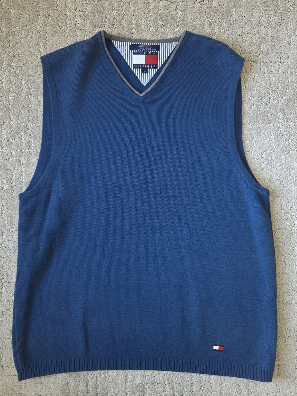 Tommy Hilfiger V-Neck Sweater Vest Mens Large Blue Cotton Preppy Knit Pullover